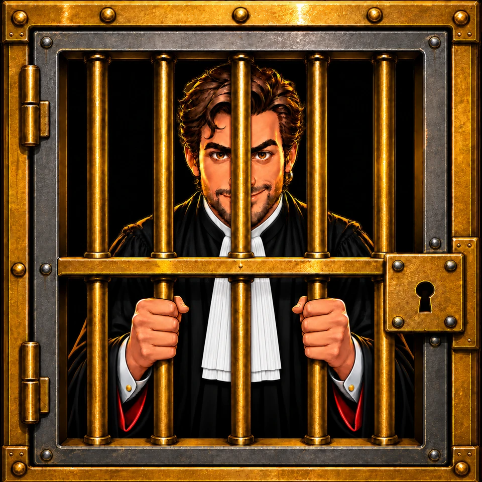 Een advocaat achter de gouden tralies van een cel